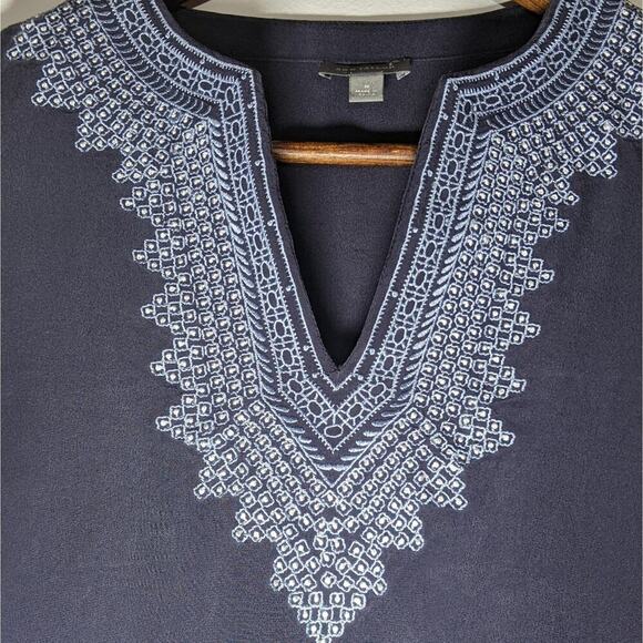 Ann Taylor 100% Silk Embroidered Tunic Blouse Top Navy Blue Top Medium Shirt - Picture 4 of 8